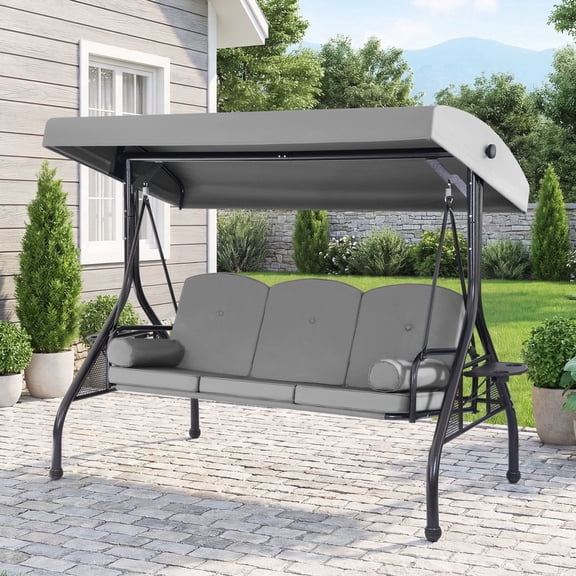 Fantasy 3-Seat Outdoor Patio Swing with Stand 800LBS, 2-in-1 Convertible Swing Bed, Adjustable Canopy Removable Cushion for Yard Garden Deck (GREY)