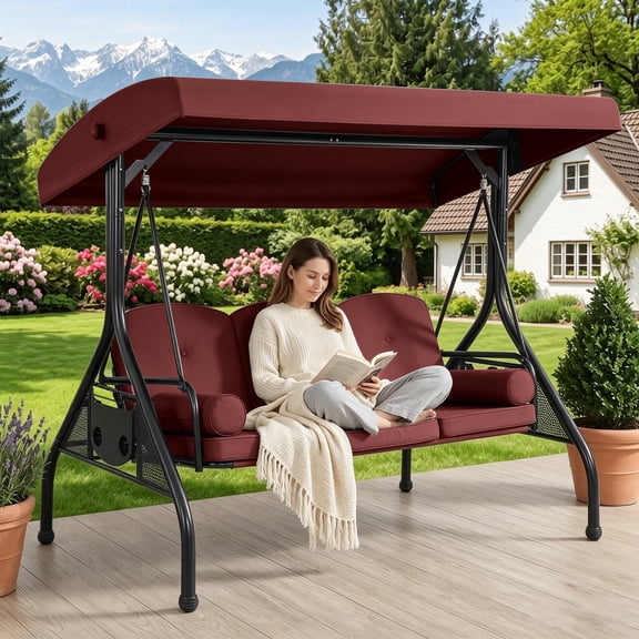 Fantasy 3-Seat Outdoor Patio Swing with Stand 800LBS, 2-in-1 Convertible Swing Bed, Adjustable Canopy Removable Cushion for Yard Garden Deck (RED)