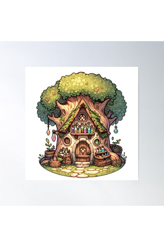 Fantasy Alchemist Treehouse Laboratory Poster Wall Art, Modern Wall Decor For Living Room Bedroom, 24x24 UNFRAMED