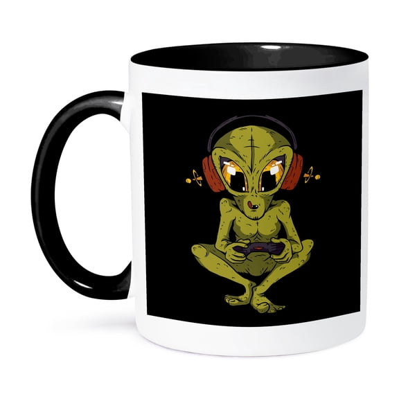 3dRose, Fantasy Alien Monster Playing Video Games, 11oz Two-Tone Black Mug