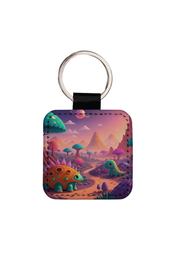 Fantasy Alien Planet Dinosaurs Faux Leather Square Keychain