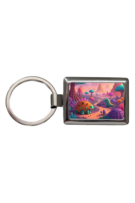 Fantasy Alien Planet Dinosaurs Metal Rectangle Keychain
