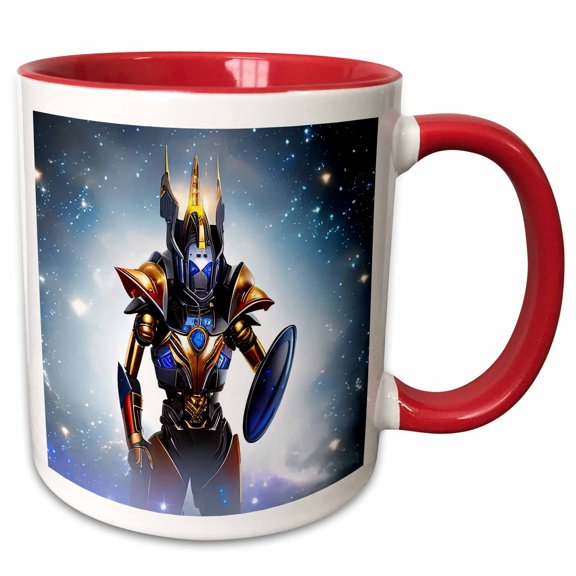 3drose, Fantasy Alien Robot with a Shield in His Left Arm. Digital Art Gift, 11oz Two-tone Red Mug