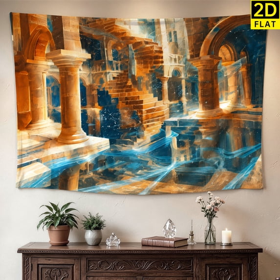Fantasy Ancient Architecture Glowing Water Wall tapestry, Printed ...