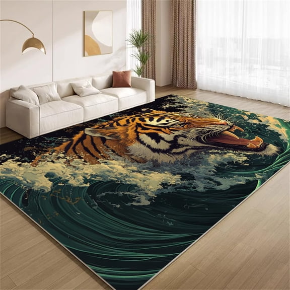 Fantasy Animal Area Rugs, Great Wave Tiger Pattern Carpet, Washable Non Slip Low Pile Soft Rug for Living Room Bedroom Entry Decor Mat 5x6ft