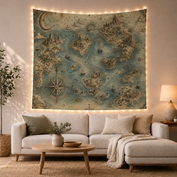 Fantasy Antique Map with Sailing Ships and Constellations, Mysterious Vintage for Travel Enthusiasts, Celestial Cartography Art, Holiday Gift Tapestry Wall Hanging for Bedroom and Living Room