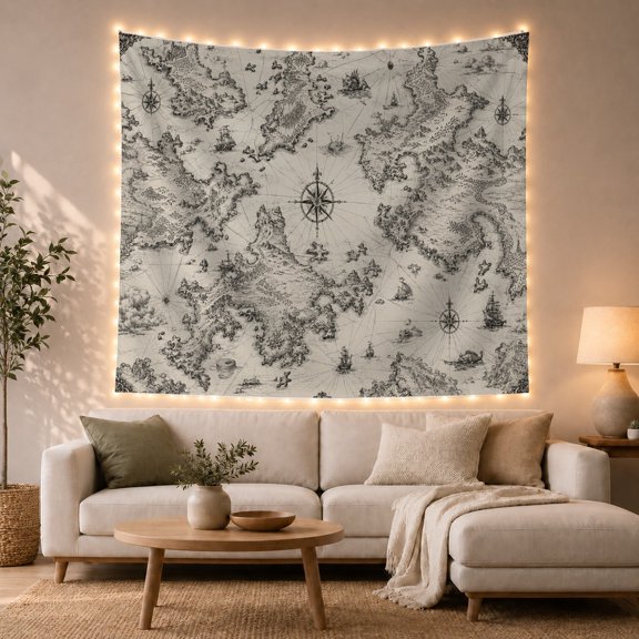 Fantasy Archipelago Map on Parchment Background, Mysterious Vintage for History Enthusiasts, Fantasy Map Art Decor, Housewarming Gift Tapestry Wall Hanging for Living Room and Study Room
