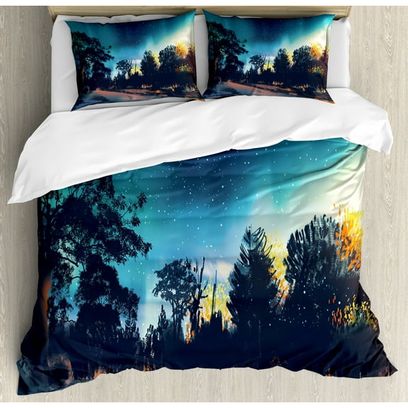 Fantasy Art House Decor King Size Duvet Cover Set, Enchanted Night with Stars and Northern Lights in Sky above Mystic Road, Decorative 3 Piece Bedding Set with 2 Pillow Shams, Multi, by Ambesonne