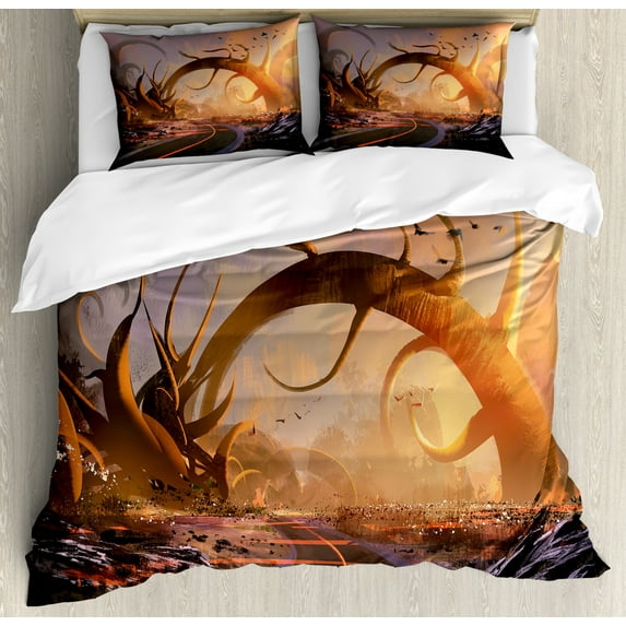Fantasy Art House Decor King Size Duvet Cover Set, Fairy Fiction Design with Mystic Twisted Branches on Highway Sunset, Decorative 3 Piece Bedding Set with 2 Pillow Shams, Multi, by Ambesonne