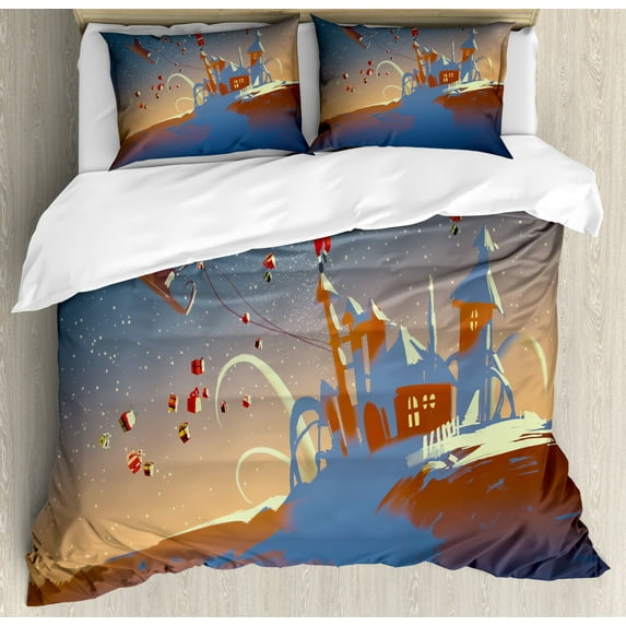 Fantasy Art House Decor King Size Duvet Cover Set, Santa Claus is Coming to Town with a Bunch of Gifts in Winter Art Print, Decorative 3 Piece Bedding Set with 2 Pillow Shams, Multi, by Ambesonne