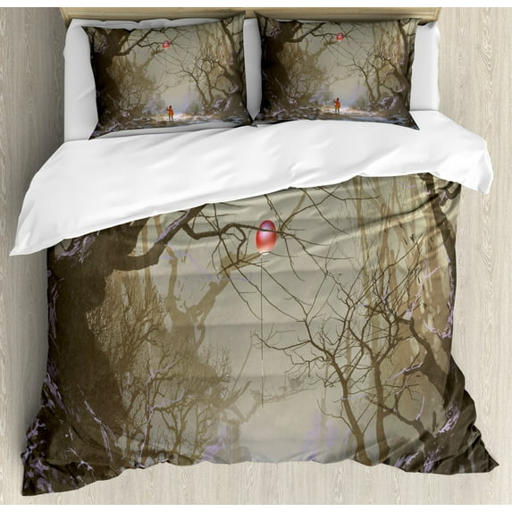 Fantasy Duvet Cover Set, Boy Looking up Red Balloon Stuck on Tree Branch in Foggy Forest Creepy Picture Print, Decorative 3 Piece Bedding Set with 2 Pillow Shams, Queen Size, Brown, by Ambesonne
