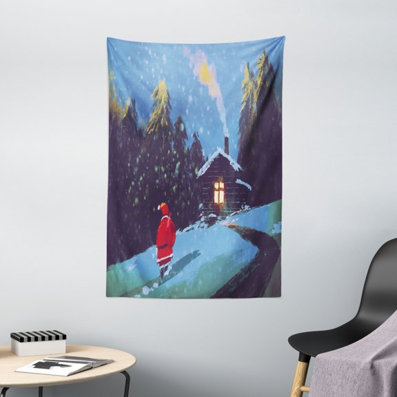Fantasy Art House Decor Tapestry, Christmas Santa Claus Walking to the Mountain House Surrounded by Pines, Wall Hanging for Bedroom Living Room Dorm Decor, 40W X 60L Inches, Multi, by Ambesonne