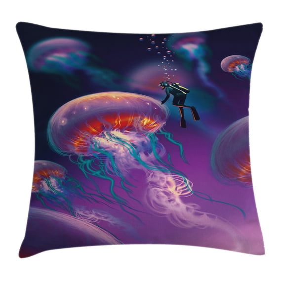 Fantasy Art House Decor Throw Pillow Cushion Cover, Diver with Giant Jellyfish Magical Underwater World Artisan Image, Decorative Square Accent Pillow Case, 18 X 18 Inches, Purple Blue, by Ambesonne