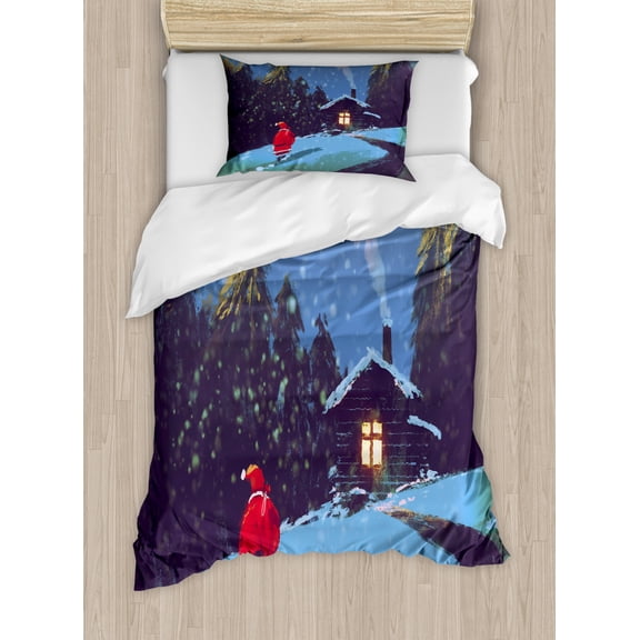 Fantasy Art House Decor Twin Size Duvet Cover Set, Christmas Santa Claus Walking to the Mountain House Surrounded by Pines, Decorative 2 Piece Bedding Set with 1 Pillow Sham, Multi, by Ambesonne