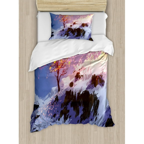 Fantasy Art House Decor Twin Size Duvet Cover Set, Magical Landscape with Showing Bare Tree in Winter Valley with Snow, Decorative 2 Piece Bedding Set with 1 Pillow Sham, Multi, by Ambesonne