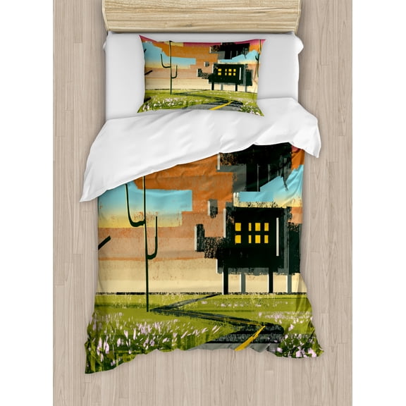 Fantasy Art House Decor Twin Size Duvet Cover Set, Trippy Futuristic Landscape Collage in Paint Effect Apartment in Cloud, Decorative 2 Piece Bedding Set with 1 Pillow Sham, Multi, by Ambesonne