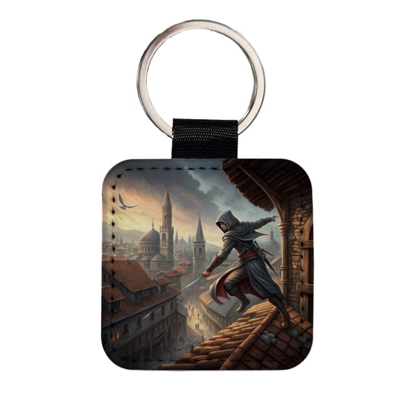 Fantasy Assassin Rogue Thief Rooftop Running Faux Leather Square Keychain