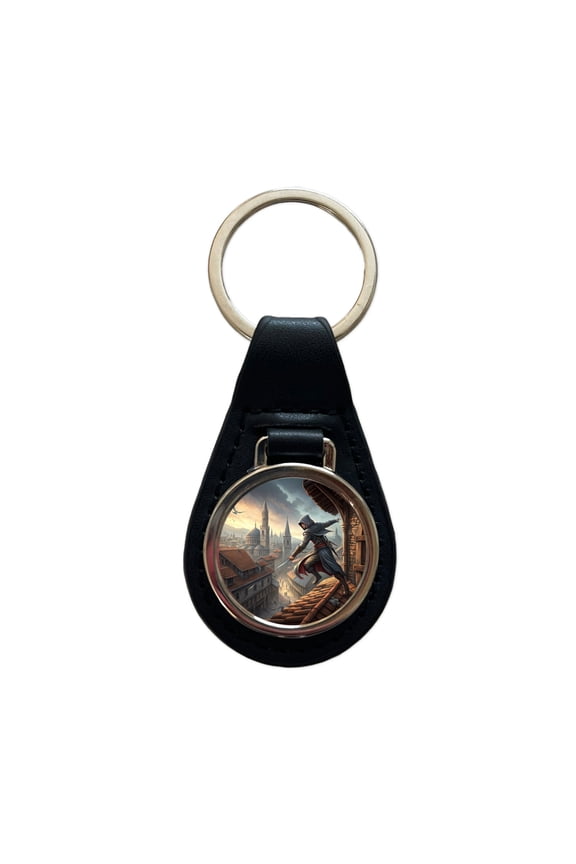 Fantasy Assassin Rogue Thief Rooftop Running Metal Black Leather Keychain