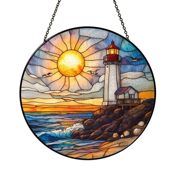 Fantasy Atlantic Coast Beach Stained Glass Window Decor – Handmade Coastal Hanging Art