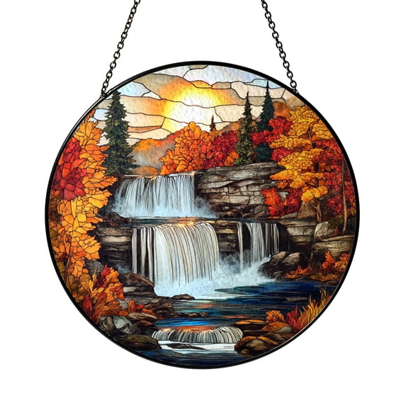 Fantasy Autumn Forest Waterfall Stained Glass Style Suncatcher, Decorative Outdoor Window Hanging Art