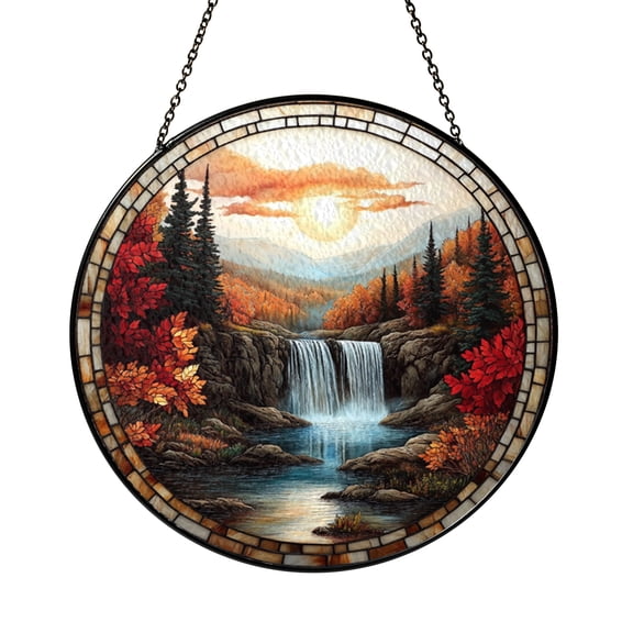 Fantasy Autumn Mountain Waterfall Stained Glass Style Suncatcher, Decorative Window Hanging Art