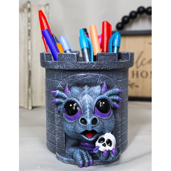 Fantasy Baby Dragon Wyrmling Holding Skull In Castle Tower Stationery Pen Holder