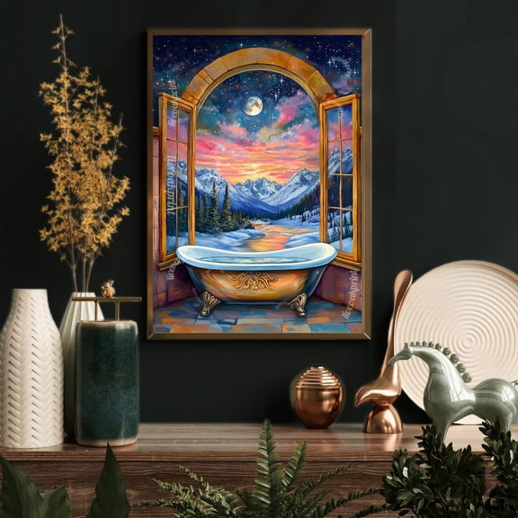 Fantasy Bathtub Print - Celestial Bathroom Wall Art - Moon And Stars Bathtub Decor - Maximalist Fantasy Art - Magical Sky And Moon Print Wall Art, Modern Wall Decor, 16x24 UNFRAMED