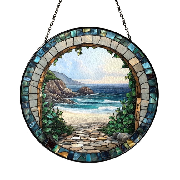 Fantasy Beach Stained Glass Window Decor – Handmade Nautical Hanging Art