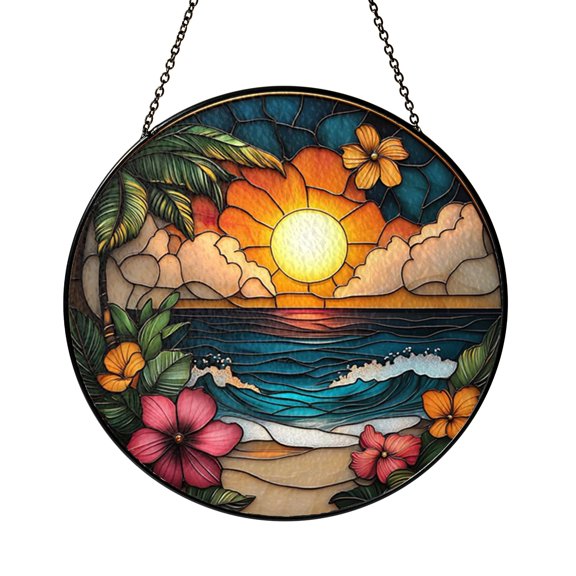Fantasy Beach Sunset Stained Glass Window Decor Handmade Coastal Hanging Art