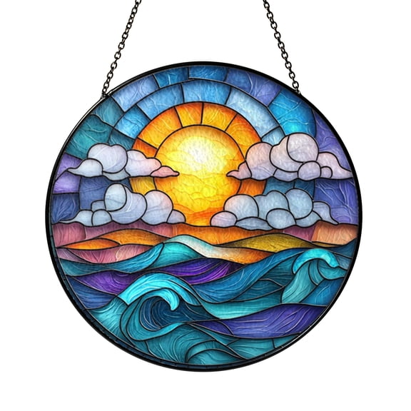 Fantasy Beach Sunset Stained Glass Window Decor Handmade Coastal Hanging