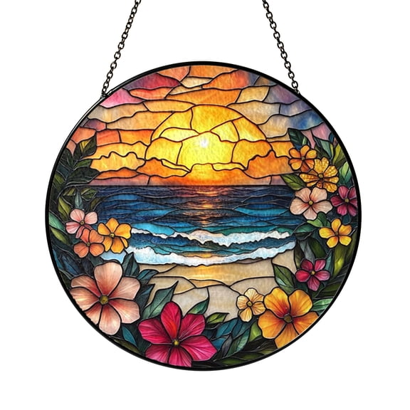 Fantasy Beach Sunset Stained Glass Window Decor – Handmade Coastal Hanging