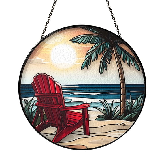 Fantasy Beach Sunset Stained Glass Window Handmade Hanging Art