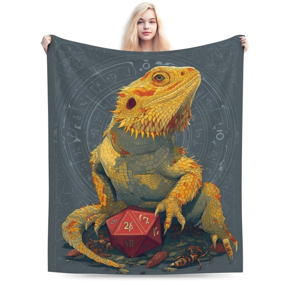 Fantasy Bearded Dragon RPG Blanket – D20 Dice & Dungeon Art Fleece Throw, Gamer Gift 50x40