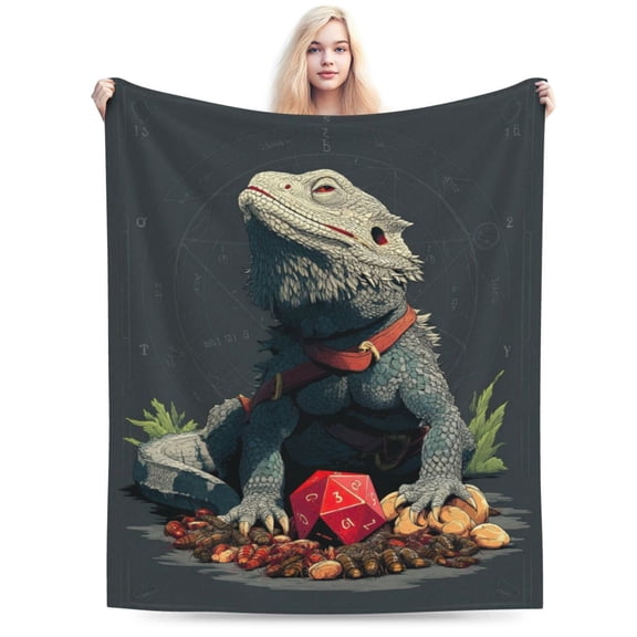 Fantasy Bearded Dragon RPG Blanket – D20 Dice & Dungeon Art Fleece Throw, Gamer Gift 50x40