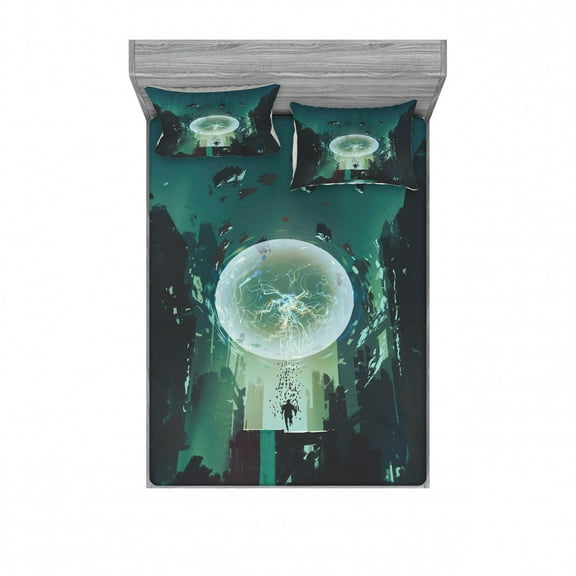 Fantasy Bedding Set with Sheet & Covers, Ball and Human Merging Building Dark Feeling Magic Featured Comics Fiction Artwork, Printed Bedroom Decor 2 Shams, 4 Sizes, Teal Black, by Ambesonne