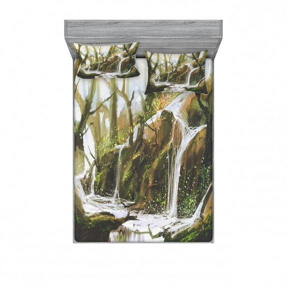 Ambesonne Fantasy Fitted Sheet & Pillow Sham Set, Secret Paradise Paint, Full, White Brown