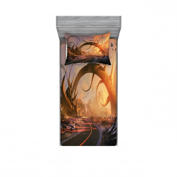 Ambesonne Fantasy Fitted Sheet & Pillow Sham Set, Sunset Highway, Twinxl, Multicolor