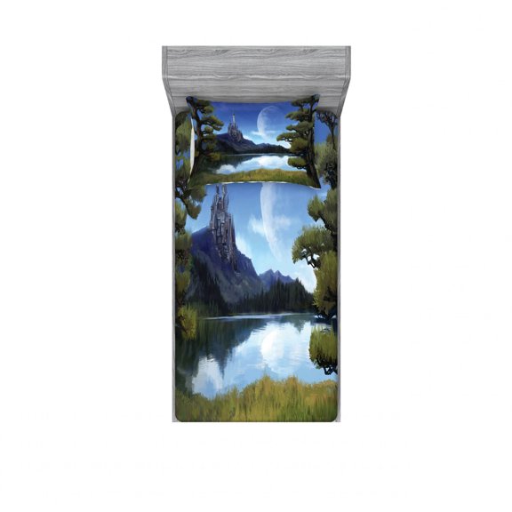 Fantasy Bedding Set with Sheet & Covers, Moon Surreal Scene with Riverside Lake Forest and Medieval Castle on Hill Art, Printed Bedroom Decor 2 Shams, 4 Sizes, Green and Blue, by Ambesonne