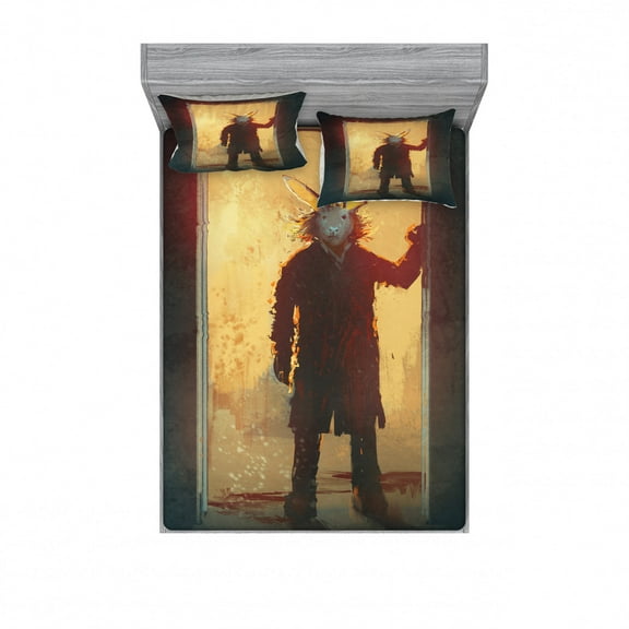 Fantasy Bedding Set with Sheet & Covers, Scary Person with Rabbit Mask at the Door People Acrylic Paint Print, Printed Bedroom Decor 2 Shams, 4 Sizes, Yellow and Black, by Ambesonne