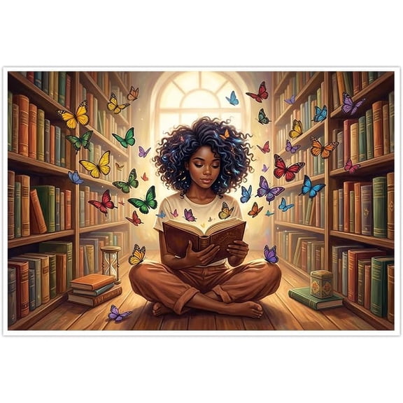 Fantasy Black Girl Reading Canvas Wall Art Colorful Butterflies Dreamy Library Scene Poster for Living Room Bedroom Home Decor Inspirational Book Lover Artwork