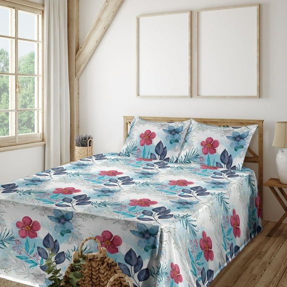 Ambesonne Fantasy Blooms Fitted & Flat Sheet with Sham 3 Pcs Set, Dreamy Winter Flower, Twin, Dark Pink Dark Indigo