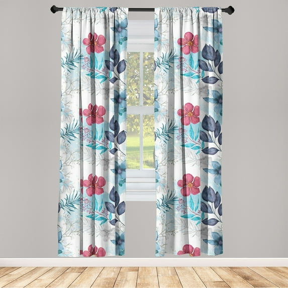 Fantasy Blooms Window Curtains, Dreamy Winter Colors Flowers with Swirling Leaves on Trippy Back, Lightweight Decor 2-Panel Set with Rod Pocket, Pair of - 28"x63", Dark Pink Dark Indigo, by Ambesonne