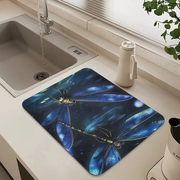 Fantasy Blue Dragonfly Dish Drying Mat for Kitchen Counter Absorbent Drainer Mats (15.7X11.8inch)
