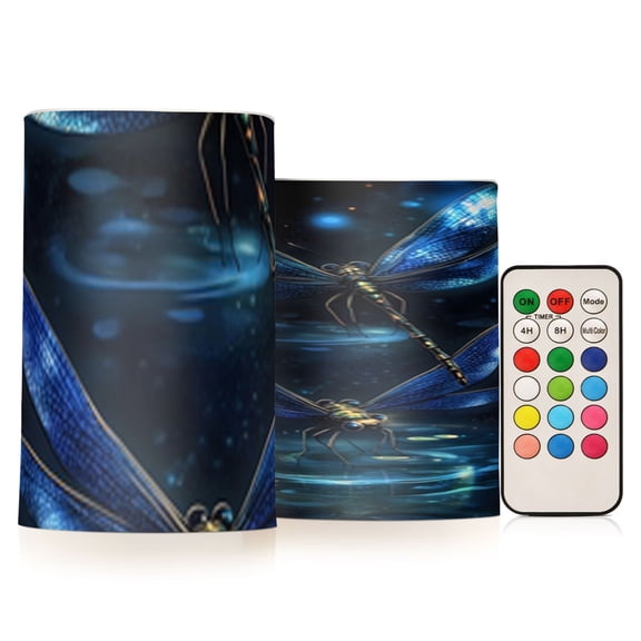 Fantasy Blue Dragonfly Flickering Flameless Candles Battery Operated with Remote Timer LED Pillar Candles Set of 2