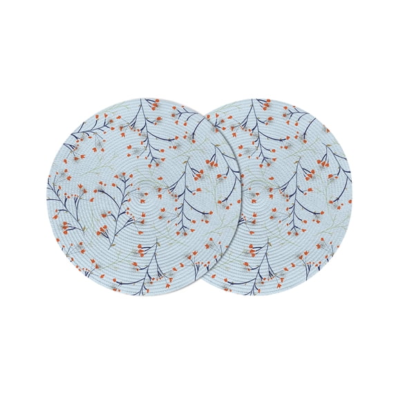 Fantasy Blue Flower,Round Placemats Set of 2 for Dinning Tables,Heat-proof Braided Table Mats 13 Inch,Vintage Botanical Plant Navy Blue Orange Washable Place Mat for Kitchen Restaurant Party Table