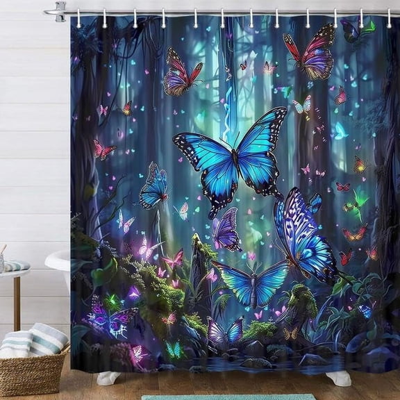 Fantasy Blue Forest Shower Curtain?Magic Fairy Tale Gemstone Blue Forest Butterfly Shower Curtain for Bathroom, Modern Fabric Cloth Waterproof Bath Curtain with Hooks