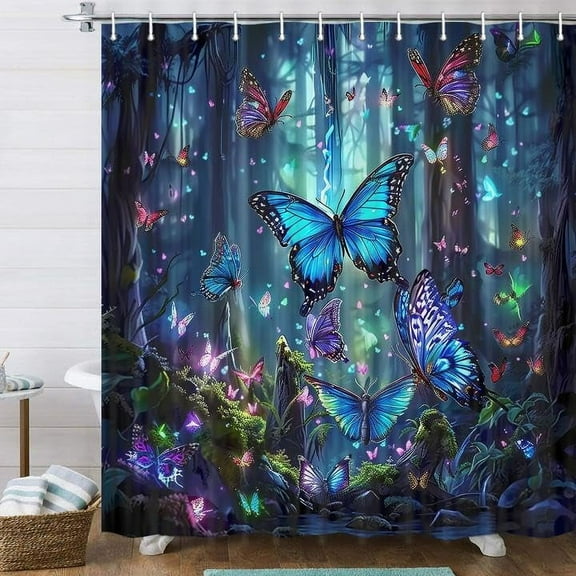 Fantasy Blue Forest Shower Curtain?Magic Fairy Tale Gemstone Blue Forest Butterfly Shower Curtain for Bathroom, Modern Fabric Cloth Waterproof Bath Curtain with Hooks