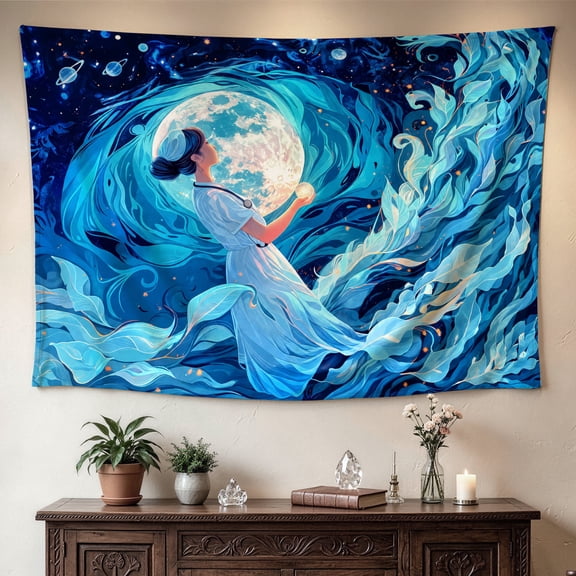Fantasy Blue Moon Cosmic Nurse Wall tapestry, Large size Printed Horizontal Tapestry blanket, Polyester Fabric Wall Hanging for bedroom, living room, No Installation Required, Indoor, Outdoor, Gift f