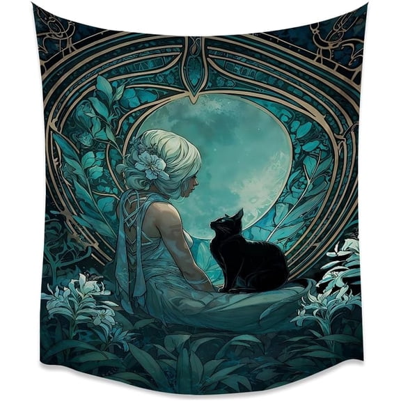Fantasy Boho Moon Goddess Wall Art Tapestry Vintage Art Nouveau Divine Female Aesthetic Tapestries Gothic Black Cat Print Wall Hanging for Bedroom Living Room Dorm Wall Decor white30x40inch
