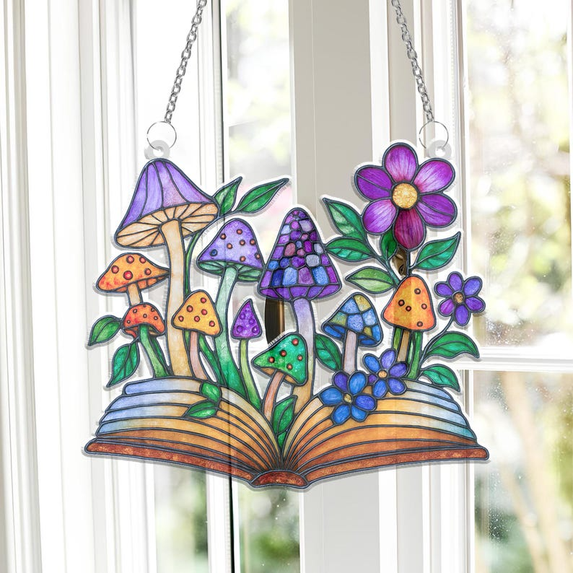 Fantasy Book Acrylic Suncatcher, Mushrooms Flowers Window Art Book Lover Gift